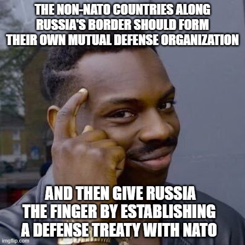 Russia doesn't want Ukraine to be allowed into NATO?  That's fine.... | THE NON-NATO COUNTRIES ALONG RUSSIA'S BORDER SHOULD FORM THEIR OWN MUTUAL DEFENSE ORGANIZATION; AND THEN GIVE RUSSIA THE FINGER BY ESTABLISHING A DEFENSE TREATY WITH NATO | image tagged in thinking black guy,end-run | made w/ Imgflip meme maker