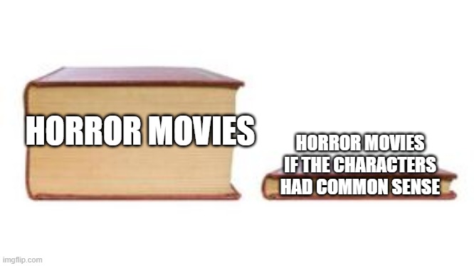 Bruh | HORROR MOVIES; HORROR MOVIES IF THE CHARACTERS HAD COMMON SENSE | image tagged in two books | made w/ Imgflip meme maker