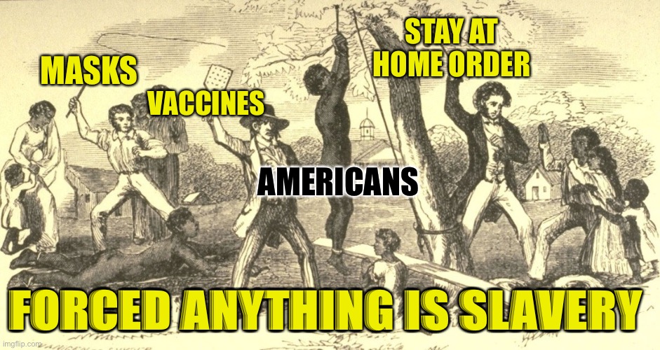 Forced anything is slavery | STAY AT HOME ORDER; MASKS; VACCINES; AMERICANS; FORCED ANYTHING IS SLAVERY | image tagged in slavery,mandates,vaccines,masks | made w/ Imgflip meme maker