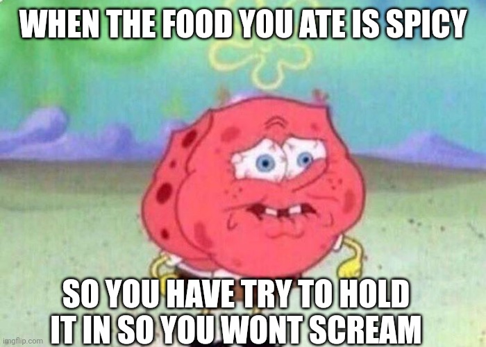 Mmmm spicy food | WHEN THE FOOD YOU ATE IS SPICY; SO YOU HAVE TRY TO HOLD IT IN SO YOU WONT SCREAM | image tagged in spongebob holding breath,memes,spicy,food | made w/ Imgflip meme maker