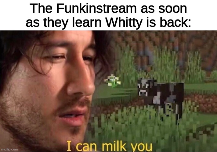 Here it comes... | The Funkinstream as soon as they learn Whitty is back: | image tagged in i can milk you template | made w/ Imgflip meme maker
