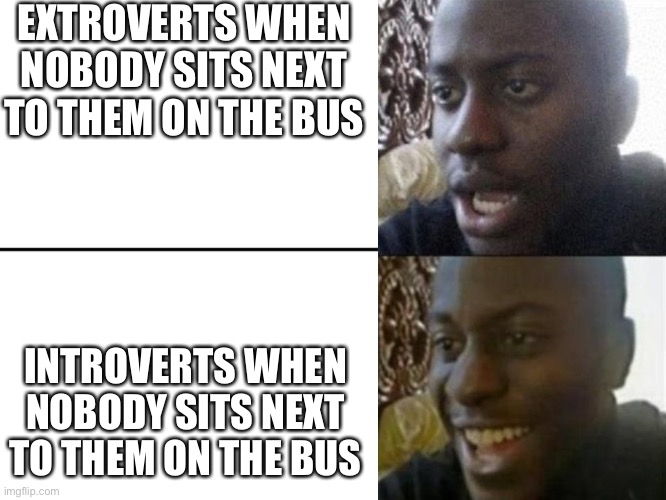 Reversed Disappointed Black Man | EXTROVERTS WHEN NOBODY SITS NEXT TO THEM ON THE BUS; INTROVERTS WHEN NOBODY SITS NEXT TO THEM ON THE BUS | image tagged in reversed disappointed black man,extroverts,memes,funni,funny,gifs | made w/ Imgflip meme maker