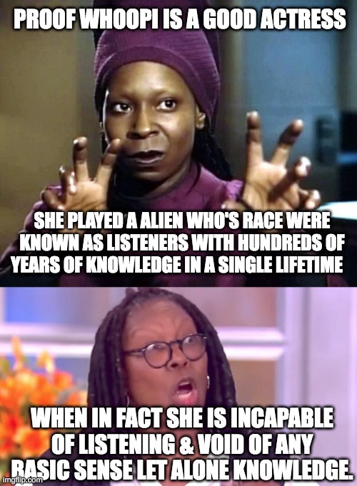 Whoopi is Senseless | PROOF WHOOPI IS A GOOD ACTRESS; SHE PLAYED A ALIEN WHO'S RACE WERE KNOWN AS LISTENERS WITH HUNDREDS OF YEARS OF KNOWLEDGE IN A SINGLE LIFETIME; WHEN IN FACT SHE IS INCAPABLE OF LISTENING & VOID OF ANY BASIC SENSE LET ALONE KNOWLEDGE. | image tagged in deranged whoopi,whoopi goldberg,the view,fake people,ignorance,actress | made w/ Imgflip meme maker