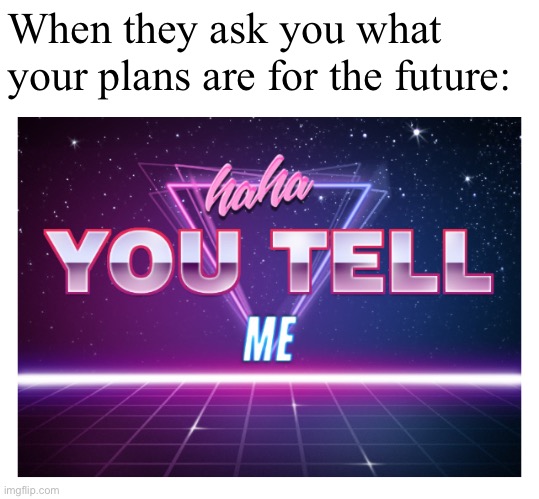 Haha you tell me | When they ask you what your plans are for the future: | image tagged in haha you tell me | made w/ Imgflip meme maker