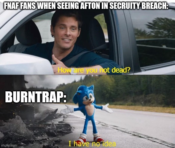 Like FOR REAL | FNAF FANS WHEN SEEING AFTON IN SECRUITY BREACH:; BURNTRAP: | image tagged in sonic how are you not dead,die already,fnaf,security breach,willam afton,oof | made w/ Imgflip meme maker