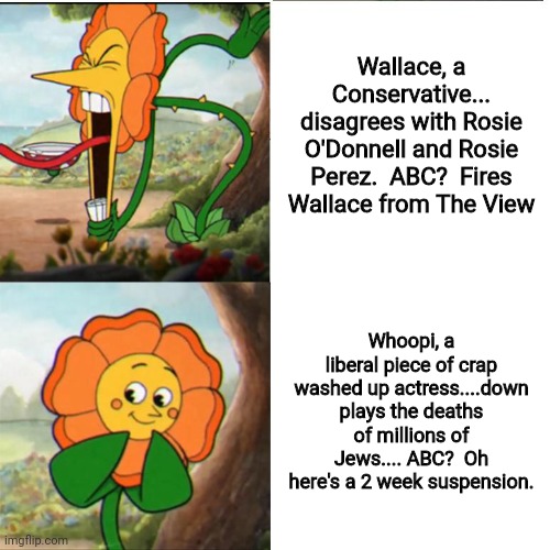 Rules for thee but not for liberal me... | Wallace, a Conservative... disagrees with Rosie O'Donnell and Rosie Perez.  ABC?  Fires Wallace from The View; Whoopi, a liberal piece of crap washed up actress....down plays the deaths of millions of Jews.... ABC?  Oh here's a 2 week suspension. | image tagged in cuphead flower | made w/ Imgflip meme maker