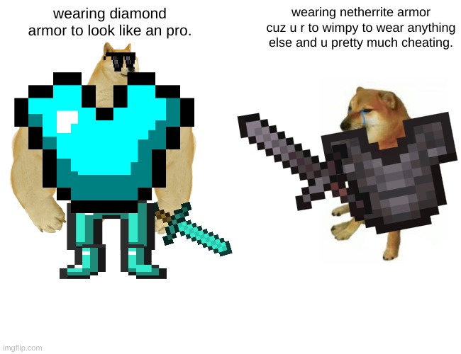 Buff Doge vs. Cheems Meme | wearing diamond armor to look like an pro. wearing netherrite armor cuz u r to wimpy to wear anything else and u pretty much cheating. | image tagged in memes,buff doge vs cheems | made w/ Imgflip meme maker