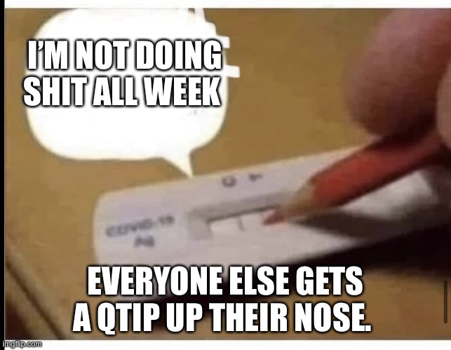 Covid Test | I’M NOT DOING SHIT ALL WEEK; EVERYONE ELSE GETS A QTIP UP THEIR NOSE. | image tagged in covid test,work sucks,teamwork | made w/ Imgflip meme maker
