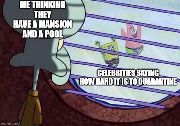 Squidward window | ME THINKING THEY HAVE A MANSION AND A POOL; CELEBRITIES SAYING HOW HARD IT IS TO QUARANTINE | image tagged in squidward window | made w/ Imgflip meme maker