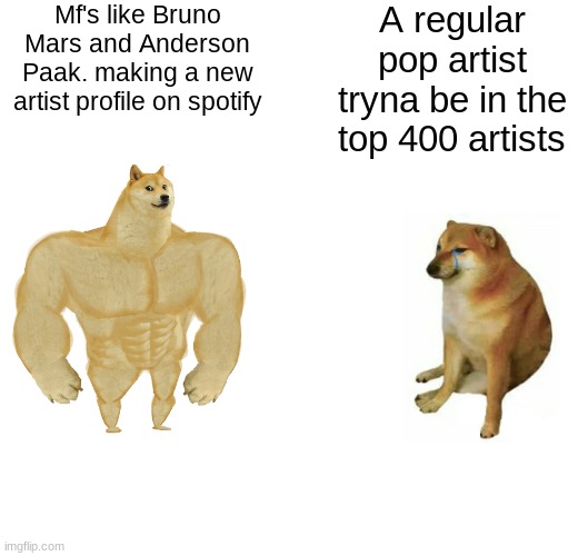 Silk Sonic is pretty good tho | Mf's like Bruno Mars and Anderson Paak. making a new artist profile on spotify; A regular pop artist tryna be in the top 400 artists | image tagged in memes,buff doge vs cheems,music,silk sonic,bruno mars | made w/ Imgflip meme maker