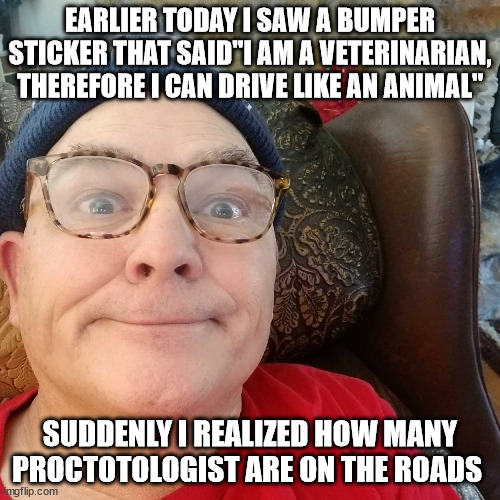 Durl Earl | EARLIER TODAY I SAW A BUMPER STICKER THAT SAID"I AM A VETERINARIAN, THEREFORE I CAN DRIVE LIKE AN ANIMAL"; SUDDENLY I REALIZED HOW MANY PROCTOTOLOGIST ARE ON THE ROADS | image tagged in durl earl | made w/ Imgflip meme maker