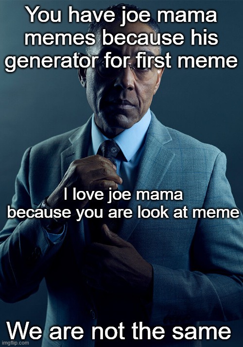 If joe mama on February 6th meme end | You have joe mama memes because his generator for first meme; I love joe mama because you are look at meme; We are not the same | image tagged in gus fring we are not the same,memes | made w/ Imgflip meme maker