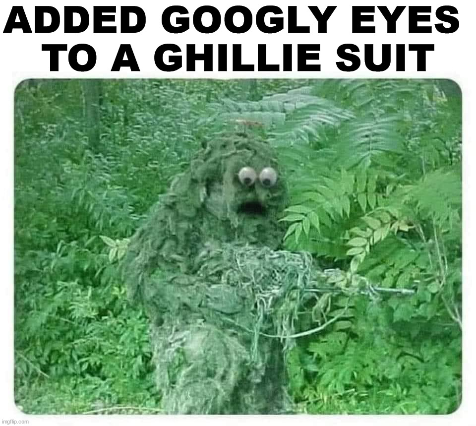 ADDED GOOGLY EYES 
TO A GHILLIE SUIT | image tagged in cursed image | made w/ Imgflip meme maker