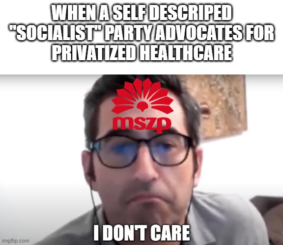 The Synthetic Left in Hungary |  WHEN A SELF DESCRIPED
"SOCIALIST" PARTY ADVOCATES FOR
PRIVATIZED HEALTHCARE | image tagged in sam seder i don't care,mszp,sam seder,i don't care,jackson hinkle,synthetic left | made w/ Imgflip meme maker