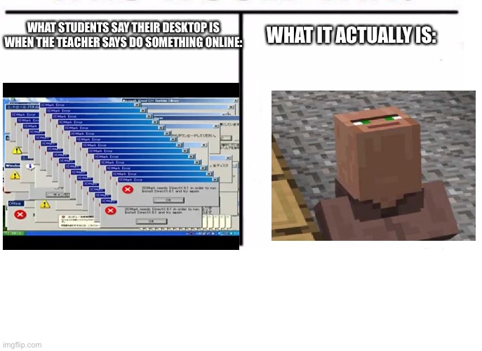 Mow many of you played games/YouTube during virtual lunch? LMK in the comments! | WHAT IT ACTUALLY IS:; WHAT STUDENTS SAY THEIR DESKTOP IS WHEN THE TEACHER SAYS DO SOMETHING ONLINE: | image tagged in comparison table | made w/ Imgflip meme maker
