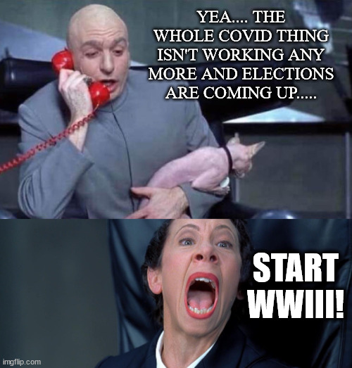 Here we go.... | YEA.... THE WHOLE COVID THING ISN'T WORKING ANY MORE AND ELECTIONS ARE COMING UP..... START WWIII! | image tagged in dr evil and frau,elections,democrats,evil | made w/ Imgflip meme maker
