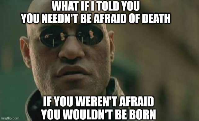 Matrix Morpheus | WHAT IF I TOLD YOU
YOU NEEDN'T BE AFRAID OF DEATH; IF YOU WEREN'T AFRAID
YOU WOULDN'T BE BORN | image tagged in memes,matrix morpheus,death | made w/ Imgflip meme maker