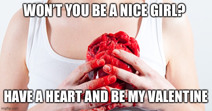 oh wow | WON’T YOU BE A NICE GIRL? HAVE A HEART AND BE MY VALENTINE | image tagged in valentine's day,dark humor,have a heart,heart,love | made w/ Imgflip meme maker