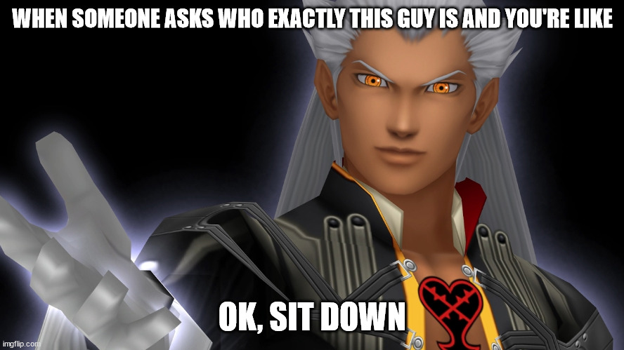 Ansem | WHEN SOMEONE ASKS WHO EXACTLY THIS GUY IS AND YOU'RE LIKE; OK, SIT DOWN | image tagged in ansem | made w/ Imgflip meme maker