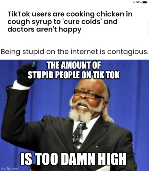THE AMOUNT OF STUPID PEOPLE ON TIK TOK; IS TOO DAMN HIGH | image tagged in memes,too damn high | made w/ Imgflip meme maker