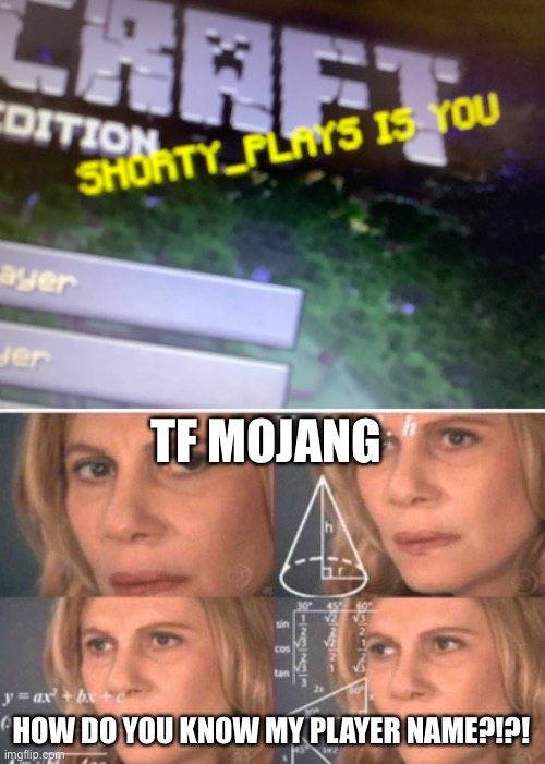 TF MOJANG; HOW DO YOU KNOW MY PLAYER NAME?!?! | image tagged in math lady/confused lady | made w/ Imgflip meme maker