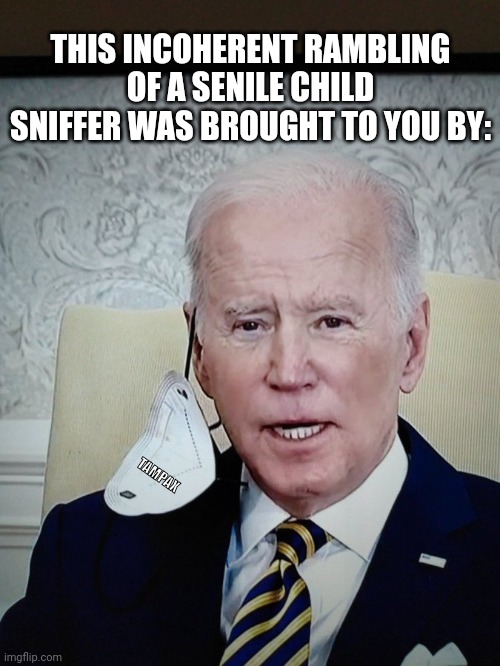 PSA | THIS INCOHERENT RAMBLING OF A SENILE CHILD SNIFFER WAS BROUGHT TO YOU BY:; TAMPAX | image tagged in tampax,biden,kid sniffing | made w/ Imgflip meme maker