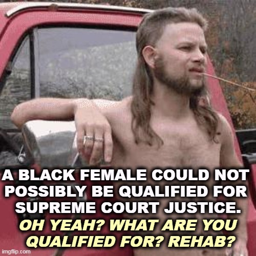 Thanks for sharing. | A BLACK FEMALE COULD NOT 
POSSIBLY BE QUALIFIED FOR 
SUPREME COURT JUSTICE. OH YEAH? WHAT ARE YOU 
QUALIFIED FOR? REHAB? | image tagged in almost redneck,republican,racists,supreme court | made w/ Imgflip meme maker