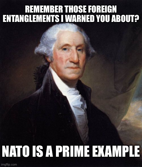 George Washington Meme | NATO IS A PRIME EXAMPLE REMEMBER THOSE FOREIGN ENTANGLEMENTS I WARNED YOU ABOUT? | image tagged in memes,george washington | made w/ Imgflip meme maker