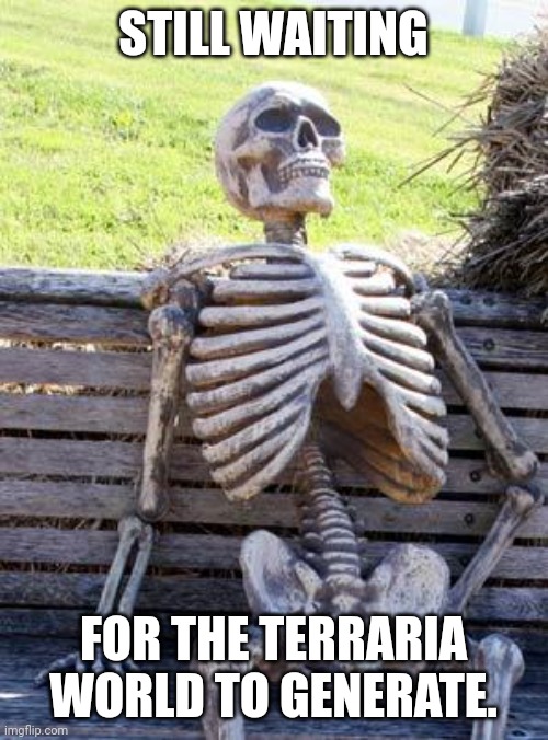 Waiting....... | STILL WAITING; FOR THE TERRARIA WORLD TO GENERATE. | image tagged in memes,waiting skeleton | made w/ Imgflip meme maker