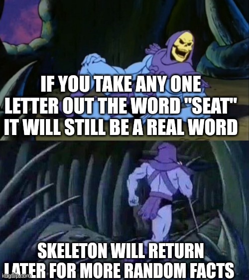 Skeletor random facts | IF YOU TAKE ANY ONE LETTER OUT THE WORD "SEAT" IT WILL STILL BE A REAL WORD; SKELETON WILL RETURN LATER FOR MORE RANDOM FACTS | image tagged in skeletor disturbing facts | made w/ Imgflip meme maker