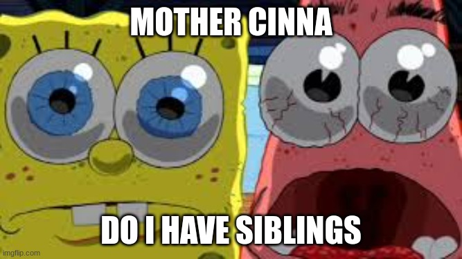 spongebob and patrick staring | MOTHER CINNA; DO I HAVE SIBLINGS | image tagged in spongebob and patrick staring | made w/ Imgflip meme maker