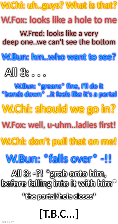 Part 1 (Fnaf/Undertale crossover i guess-) | W.Chi: uh..guys? What is that? W.Fox: looks like a hole to me; W.Fred: looks like a very deep one..we can't see the bottom; W.Bun: hm..who want to see? All 3: . . . W.Bun: *groans* fine, I'll do it *bends down* ..it feels like it's a portal; W.Chi: should we go in? W.Fox: well, u-uhm..ladies first! W.Chi: don't pull that on me! W.Bun: *falls over* -!! All 3: -?! *grab onto him, before falling into it with him*; *the portal/hole closes*; [T.B.C...] | image tagged in blank transparent square | made w/ Imgflip meme maker