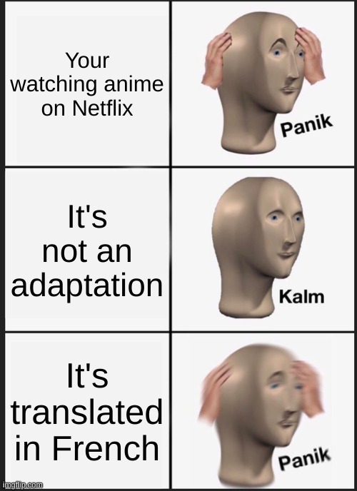 Panik Kalm Panik | Your watching anime on Netflix; It's not an adaptation; It's translated in French | image tagged in memes,panik kalm panik | made w/ Imgflip meme maker