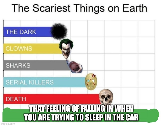 scariest things on earth | THAT FEELING OF FALLING IN WHEN YOU ARE TRYING TO SLEEP IN THE CAR | image tagged in scariest things on earth | made w/ Imgflip meme maker