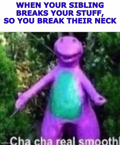 Cha cha real smooth | WHEN YOUR SIBLING BREAKS YOUR STUFF, SO YOU BREAK THEIR NECK | image tagged in cha cha real smooth | made w/ Imgflip meme maker