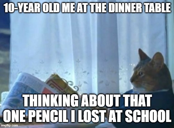that one pencil | 10-YEAR OLD ME AT THE DINNER TABLE; THINKING ABOUT THAT ONE PENCIL I LOST AT SCHOOL | image tagged in memes,i should buy a boat cat | made w/ Imgflip meme maker