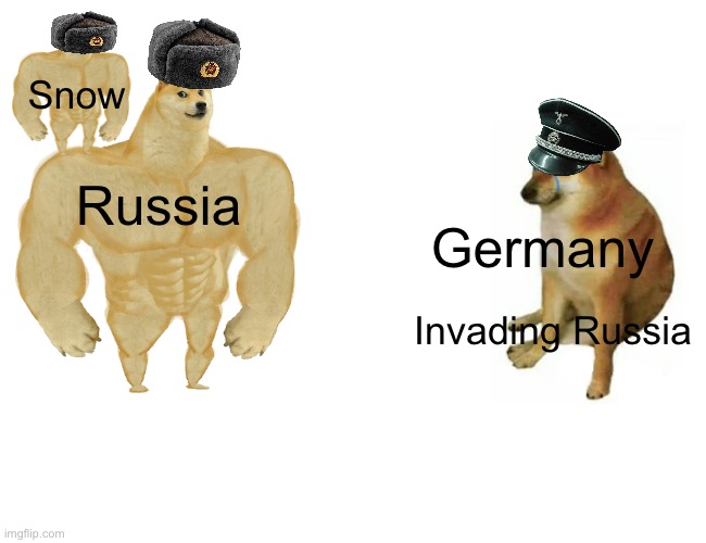 Buff Doge vs. Cheems | Snow; Russia; Germany; Invading Russia | image tagged in memes,buff doge vs cheems | made w/ Imgflip meme maker