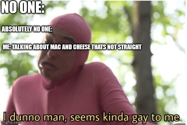 I dunno man seems kinda gay to me | NO ONE:; ABSOLUTELY NO ONE:; ME: TALKING ABOUT MAC AND CHEESE THATS NOT STRAIGHT | image tagged in i dunno man seems kinda gay to me | made w/ Imgflip meme maker