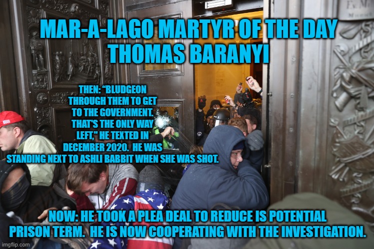 "It could have been me." | THEN: “BLUDGEON THROUGH THEM TO GET TO THE GOVERNMENT. THAT'S THE ONLY WAY LEFT," HE TEXTED IN DECEMBER 2020.  HE WAS STANDING NEXT TO ASHLI BABBIT WHEN SHE WAS SHOT. MAR-A-LAGO MARTYR OF THE DAY
THOMAS BARANYI; NOW: HE TOOK A PLEA DEAL TO REDUCE IS POTENTIAL PRISON TERM.  HE IS NOW COOPERATING WITH THE INVESTIGATION. | image tagged in politics | made w/ Imgflip meme maker