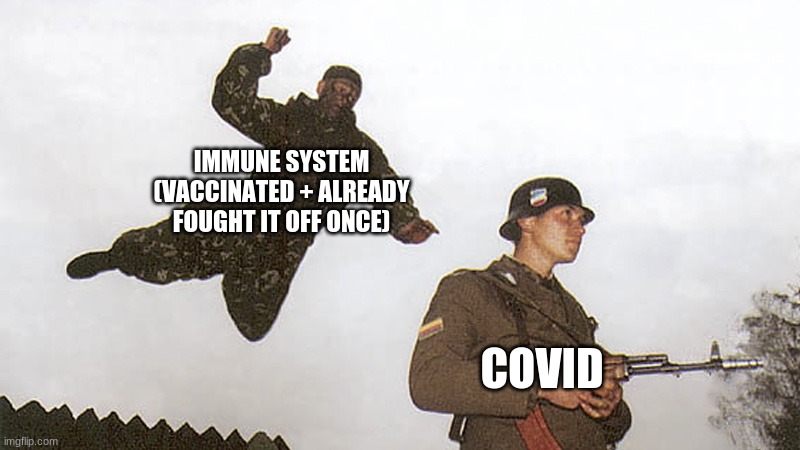 Soldier jump spetznaz | IMMUNE SYSTEM (VACCINATED + ALREADY FOUGHT IT OFF ONCE) COVID | image tagged in soldier jump spetznaz | made w/ Imgflip meme maker