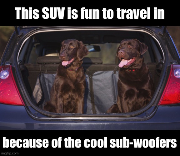 Woof Woof! | This SUV is fun to travel in; because of the cool sub-woofers | image tagged in funny dog memes,funny dogs | made w/ Imgflip meme maker