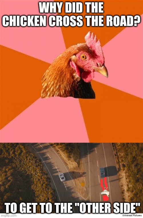 dark humor | WHY DID THE CHICKEN CROSS THE ROAD? TO GET TO THE "OTHER SIDE" | image tagged in memes,anti joke chicken,two roads and two cars divided final scene fast and furios 7,dark humor | made w/ Imgflip meme maker