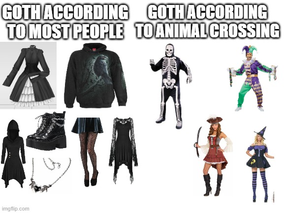 Goth label Theme | GOTH ACCORDING TO MOST PEOPLE; GOTH ACCORDING TO ANIMAL CROSSING | image tagged in blank white template | made w/ Imgflip meme maker