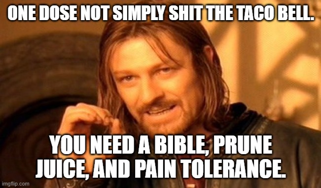 One Does Not Simply | ONE DOSE NOT SIMPLY SHIT THE TACO BELL. YOU NEED A BIBLE, PRUNE JUICE, AND PAIN TOLERANCE. | image tagged in memes,one does not simply,taco bell | made w/ Imgflip meme maker