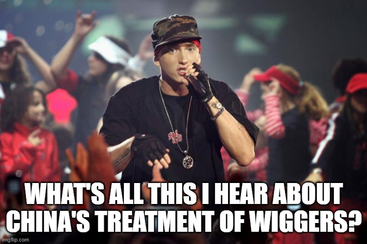 Eminen has threatened to change his name to 'Skittles' unless there's justice. | WHAT'S ALL THIS I HEAR ABOUT CHINA'S TREATMENT OF WIGGERS? | image tagged in eminem,china,uyghurs,memes | made w/ Imgflip meme maker