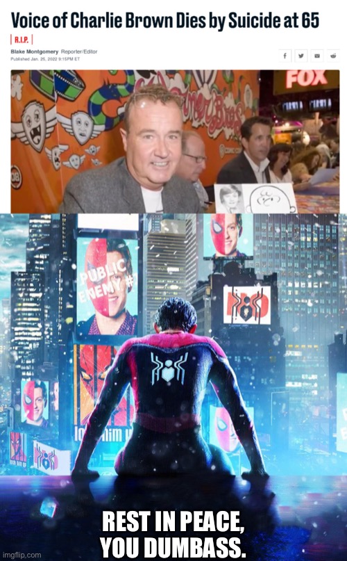 I am sad but he knew what was happening. | REST IN PEACE,
YOU DUMBASS. | image tagged in spider-man sadnes | made w/ Imgflip meme maker