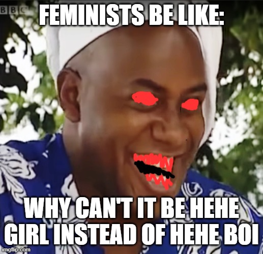 Kids Deez Nu.. I mean days! | FEMINISTS BE LIKE:; WHY CAN'T IT BE HEHE GIRL INSTEAD OF HEHE BOI | image tagged in hehe boi,feminism,chef ainsley,noice,dank memes | made w/ Imgflip meme maker