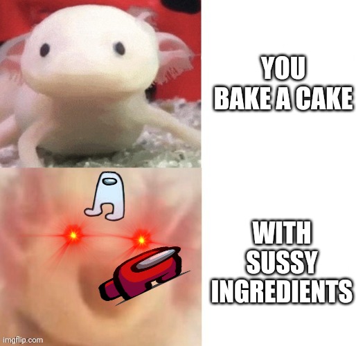 sus | YOU BAKE A CAKE; WITH SUSSY INGREDIENTS | image tagged in axolotl,amogus,among us,sus | made w/ Imgflip meme maker