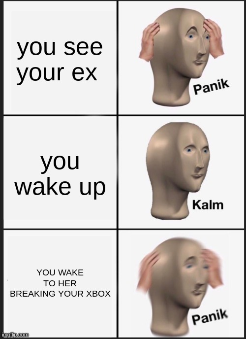 yessir | you see your ex; you wake up; YOU WAKE TO HER BREAKING YOUR XBOX | image tagged in memes,panik kalm panik | made w/ Imgflip meme maker