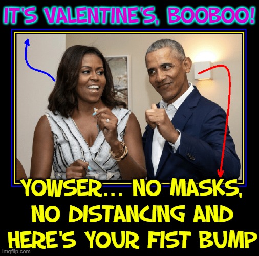Love, look at the 2 of us —strangers in many ways | IT'S VALENTINE'S, BOOBOO! YOWSER... NO MASKS,
NO DISTANCING AND
HERE'S YOUR FIST BUMP | image tagged in vince vance,barack obama,michelle obama,memes,happy valentine's day,fist bump | made w/ Imgflip meme maker